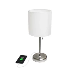 19.5" Bedside USB Port Feature Metal Table Desk Lamp Brushed Steel With White Fabric Shade - Creekwood Home -Floor Lamps Store GUEST 0ea84676 81a3 46e0 9d3e fe2e5a6aa553