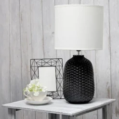 20.4" Traditional Ceramic Purled Texture Bedside Table Desk Lamp With White Fabric Drum Shade Black - Simple Designs -Floor Lamps Store GUEST 260a8812 54b0 4a31 81ce 07287a28366a