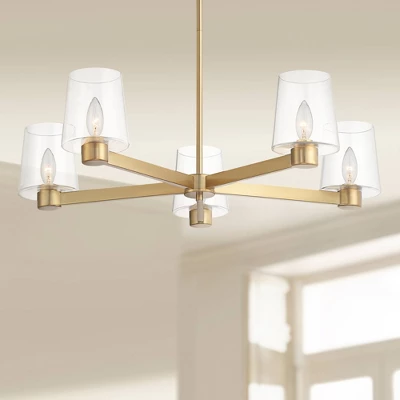 Possini Euro Design Satiny Gold Pendant Chandelier 27 1/4" Wide Modern Clear Glass Shades 5-Light Fixture For Dining Room House 1 Possini Euro Design Satiny Gold Pendant Chandelier 27 1/4" Wide Modern Clear Glass Shades 5-Light Fixture For Dining Room House
