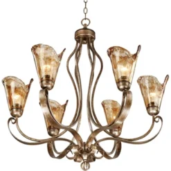 Franklin Iron Works Amber Scroll Golden Bronze Large Chandelier 31 1/2" Wide Rustic Art Glass 6-Light Fixture For Dining Room House Kitchen Island -Floor Lamps Store GUEST 2c32f972 5a61 4d0b 88ce 39ad4b591171
