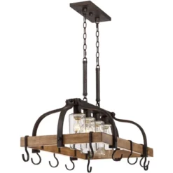 Franklin Iron Works Eldrige Bronze Faux Wood Pot Rack Linear Pendant Chandelier 36 1/2" Wide Rustic Farmhouse Seeded Glass 4-Light For Dining Room -Floor Lamps Store GUEST 2db2316d b480 4774 a595 872c9131c5b1