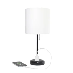19.5" Bedside Power Outlet Base Metal Table Desk Lamp In Black With White Fabric Shade - Creekwood Home -Floor Lamps Store GUEST 315b936a 2023 4ad7 adbc 83f83884b2a0