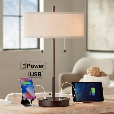 360 Lighting Modern Accent Table Lamp With USB And AC Power Outlet 23 1/2" High Bronze Fabric Drum Shade For Bedroom Living Room House Desk Bedside 1 360 Lighting Modern Accent Table Lamp With USB And AC Power Outlet 23 1/2" High Bronze Fabric Drum Shade For Bedroom Living Room House Desk Bedside