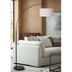 360 Lighting Cora Modern Arc Floor Lamp Standing 72" Tall Black Metal White Linen Drum Shade Decor For Living Room Reading Bedroom Office House Home