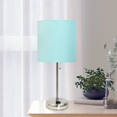 19.5" Bedside Power Outlet Base Metal Table Desk Lamp In Brushed Steel With Aqua Blue Fabric Shade - Creekwood Home 7 19.5" Bedside Power Outlet Base Metal Table Desk Lamp In Brushed Steel With Aqua Blue Fabric Shade - Creekwood Home - Image 7