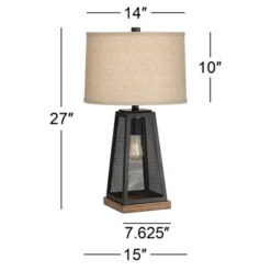 Franklin Iron Works Barris Industrial Table Lamp 26 3/4" High Metal Mesh With Nightlight LED USB Charging Port Burlap Shade For Living Room House Desk -Floor Lamps Store GUEST 36a0d479 9b29 491f b80b 6945993ca326