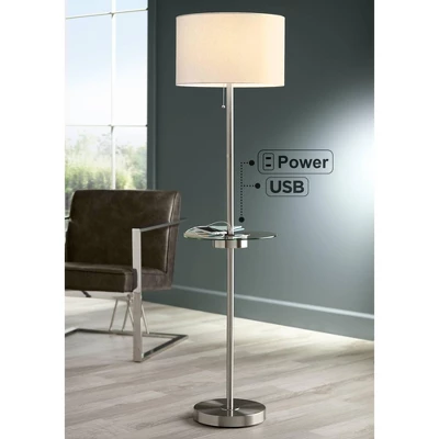 360 Lighting Caper Modern Floor Lamp With Tray Table 60 1/2" Tall Brushed Nickel USB And AC Power Outlet Off White Fabric Drum Shade For Living Room 1 360 Lighting Caper Modern Floor Lamp With Tray Table 60 1/2" Tall Brushed Nickel USB And AC Power Outlet Off White Fabric Drum Shade For Living Room