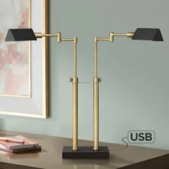 Possini Euro Design Keegan Modern Desk Lamp 24" High Warm Brass With Dual USB Charging Ports LED Adjustable Black Shade For Bedroom Living Room Desk