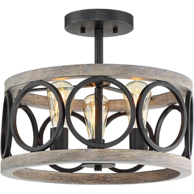 Franklin Iron Works Salima Rustic Farmhouse Ceiling Light Semi Flush Mount 16" Wide Black Gray Wood 3-Light For Bedroom Kitchen Living Room Hallway 4 Franklin Iron Works Salima Rustic Farmhouse Ceiling Light Semi Flush Mount 16" Wide Black Gray Wood 3-Light For Bedroom Kitchen Living Room Hallway - Image 4