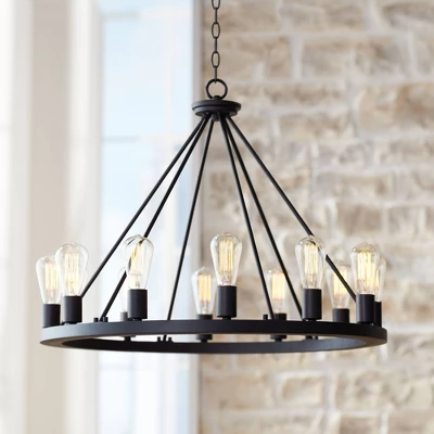 Franklin Iron Works Lacey Black Wagon Wheel Chandelier 28" Wide Industrial 12-Light LED Fixture For Dining Room House Foyer Kitchen Island Entryway 1 Franklin Iron Works Lacey Black Wagon Wheel Chandelier 28" Wide Industrial 12-Light LED Fixture For Dining Room House Foyer Kitchen Island Entryway