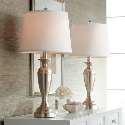 Regency Hill Blair Traditional Table Lamps 25" High Set Of 2 Brushed Nickel White Drum Shade For Bedroom Living Room Bedside Nightstand Office Family 1 Regency Hill Blair Traditional Table Lamps 25" High Set Of 2 Brushed Nickel White Drum Shade For Bedroom Living Room Bedside Nightstand Office Family