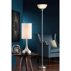 360 Lighting Modern Table Lamp 24.5" High Brushed Steel Droplet White Cylinder Shade For Living Room Family Bedroom Bedside Nightstand -Floor Lamps Store GUEST 55c31dbd e4aa 4124 9f9e 863eaa34923f
