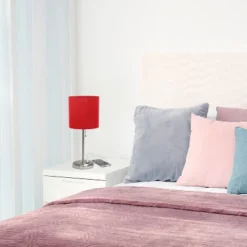 19.5" Bedside USB Port Feature Metal Table Desk Lamp Brushed Steel With Red Fabric Shade - Creekwood Home -Floor Lamps Store GUEST 55dc447a 7d1e 4b80 917c 85d4e579c23b