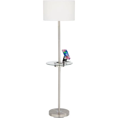 360 Lighting Caper Modern Floor Lamp With Tray Table 60 1/2" Tall Brushed Nickel USB And AC Power Outlet Off White Fabric Drum Shade For Living Room 2 360 Lighting Caper Modern Floor Lamp With Tray Table 60 1/2" Tall Brushed Nickel USB And AC Power Outlet Off White Fabric Drum Shade For Living Room - Image 2