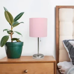 19.5" Bedside USB Port Feature Metal Table Desk Lamp Brushed Steel With Light Pink Fabric Shade - Creekwood Home -Floor Lamps Store GUEST 5d653d18 a921 40f0 aad2 e92b21c623ec