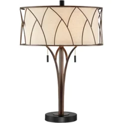 Franklin Iron Works Sydney Modern Mid Century Table Lamp 26" High Bronze With USB Charging Port Oatmeal Drum Shade For Bedroom Living Room Office Desk -Floor Lamps Store GUEST 630484dd 654c 4936 875a fd7139348fd1