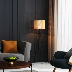 VidaLite - Gal Rattan And Velvet Tripod Floor Lamp