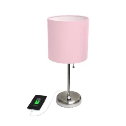 19.5" Bedside USB Port Feature Metal Table Desk Lamp Brushed Steel With Light Pink Fabric Shade - Creekwood Home -Floor Lamps Store GUEST 69144cb4 0980 4b78 bbaa ac7d98b330b0