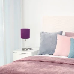 19.5" Bedside USB Port Feature Metal Table Desk Lamp Brushed Steel With Purple Fabric Shade - Creekwood Home -Floor Lamps Store GUEST 6b3bf575 469f 4d99 9e32 d662624da8d5