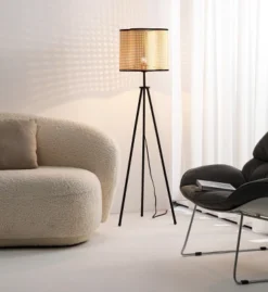 VidaLite - Gal Rattan And Velvet Tripod Floor Lamp -Floor Lamps Store GUEST 6cc93d47 30ca 4fe4 9973 f870038ffb4d