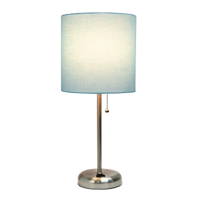 19.5" Bedside Power Outlet Base Metal Table Desk Lamp In Brushed Steel With Aqua Blue Fabric Shade - Creekwood Home 4 19.5" Bedside Power Outlet Base Metal Table Desk Lamp In Brushed Steel With Aqua Blue Fabric Shade - Creekwood Home - Image 4