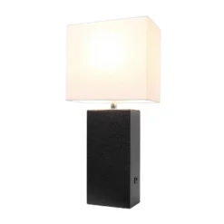 Leather Table Lamp With USB And Fabric Shade Black - Elegant Designs -Floor Lamps Store GUEST 6d248619 7910 4249 967c 12176a11abc2