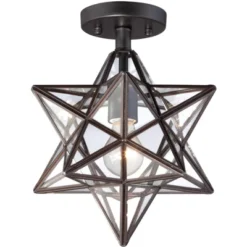 Franklin Iron Works Cuthbert Modern Farmhouse Ceiling Light Semi Flush Mount Fixture 11" Wide Black Iron Moravian Star Clear Glass Panels For Bedroom -Floor Lamps Store GUEST 6fa0a7c1 f9f0 4938 bbaa c55def10bb41