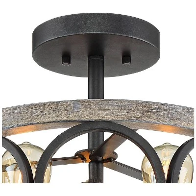 Franklin Iron Works Salima Rustic Farmhouse Ceiling Light Semi Flush Mount 16" Wide Black Gray Wood 3-Light For Bedroom Kitchen Living Room Hallway 3 Franklin Iron Works Salima Rustic Farmhouse Ceiling Light Semi Flush Mount 16" Wide Black Gray Wood 3-Light For Bedroom Kitchen Living Room Hallway - Image 3