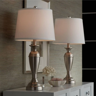 Regency Hill Blair Traditional Table Lamps 25" High Set Of 2 Brushed Nickel White Drum Shade For Bedroom Living Room Bedside Nightstand Office Family 6 Regency Hill Blair Traditional Table Lamps 25" High Set Of 2 Brushed Nickel White Drum Shade For Bedroom Living Room Bedside Nightstand Office Family - Image 6