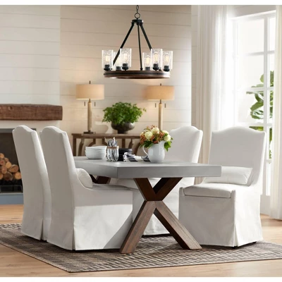 Franklin Iron Works Metal Wood Wagon Wheel Chandelier 25" Wide Rustic Farmhouse Clear Seeded Glass 6-Light Fixture For Dining Room 6 Franklin Iron Works Metal Wood Wagon Wheel Chandelier 25" Wide Rustic Farmhouse Clear Seeded Glass 6-Light Fixture For Dining Room - Image 6