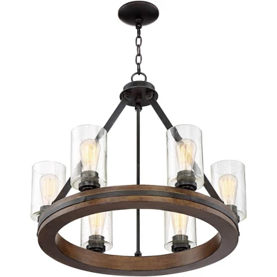 Franklin Iron Works Metal Wood Wagon Wheel Chandelier 25" Wide Rustic Farmhouse Clear Seeded Glass 6-Light Fixture For Dining Room 3 Franklin Iron Works Metal Wood Wagon Wheel Chandelier 25" Wide Rustic Farmhouse Clear Seeded Glass 6-Light Fixture For Dining Room - Image 3