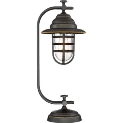 Franklin Iron Works Knox Industrial Desk Lamp 24" High Oil Rubbed Bronze LED Cage Glass Shade For Bedroom Living Room Bedside Nightstand Office House -Floor Lamps Store GUEST a46db50e 61f4 4da8 8d78 a0c1813f6b2e