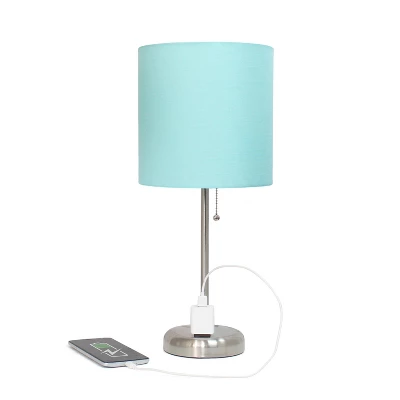 19.5" Bedside Power Outlet Base Metal Table Desk Lamp In Brushed Steel With Aqua Blue Fabric Shade - Creekwood Home 1 19.5" Bedside Power Outlet Base Metal Table Desk Lamp In Brushed Steel With Aqua Blue Fabric Shade - Creekwood Home