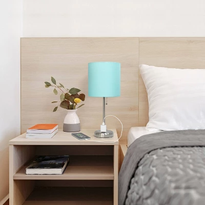 19.5" Bedside Power Outlet Base Metal Table Desk Lamp In Brushed Steel With Aqua Blue Fabric Shade - Creekwood Home 6 19.5" Bedside Power Outlet Base Metal Table Desk Lamp In Brushed Steel With Aqua Blue Fabric Shade - Creekwood Home - Image 6