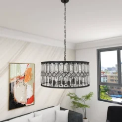 Metal Crystal Embellishments 6 Light Chandelier With Link Style Chain Black - Olivia & May -Floor Lamps Store GUEST ad00b6b1 4cdf 453b 8093 7ebea9c41011