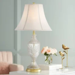 Floor Lamps Store 17 Regency Hill Traditional Table Lamp 26.5" High Cut Glass Urn Brass White Cream Bell Shade For Living Room Family Bedroom Bedside Nightstand