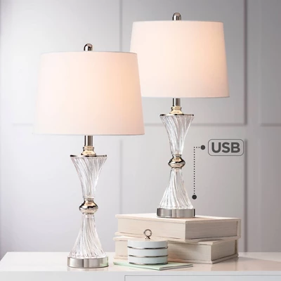 Regency Hill Luca Modern Table Lamps 25 1/2" High Set Of 2 Twisted Glass With USB Charging Port White Drum Shade For Bedroom Living Room Office Desk 1 Regency Hill Luca Modern Table Lamps 25 1/2" High Set Of 2 Twisted Glass With USB Charging Port White Drum Shade For Bedroom Living Room Office Desk
