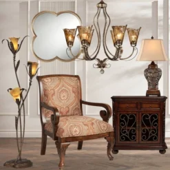 Franklin Iron Works Amber Scroll Golden Bronze Large Chandelier 31 1/2" Wide Rustic Art Glass 6-Light Fixture For Dining Room House Kitchen Island -Floor Lamps Store GUEST c2d62206 cb30 489c a56d f094cb9269e2