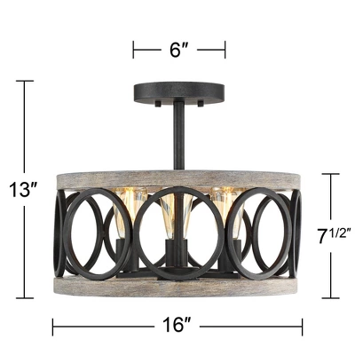 Franklin Iron Works Salima Rustic Farmhouse Ceiling Light Semi Flush Mount 16" Wide Black Gray Wood 3-Light For Bedroom Kitchen Living Room Hallway 7 Franklin Iron Works Salima Rustic Farmhouse Ceiling Light Semi Flush Mount 16" Wide Black Gray Wood 3-Light For Bedroom Kitchen Living Room Hallway - Image 7