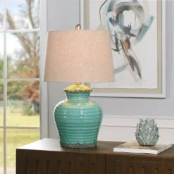 Turquoise Ceramic Table Lamp With Beige Hardback Linen Shade - StyleCraft -Floor Lamps Store GUEST c9ae81ad 3827 49f7 ad47 81bcc8ff254b