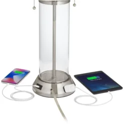 Possini Euro Design Fritz Modern Table Lamp 26 1/2" High Silver Clear Glass Column With USB And AC Power Outlet In Base Drum Shade For Bedroom Desk -Floor Lamps Store GUEST cb6c099c e7cd 4980 ab75 c4c7f23b36c1