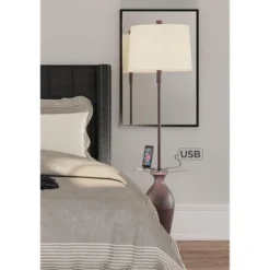 Regency Hill Fallon Rustic Industrial Floor Lamp With Tray Table 66" Tall Bronze Hammered USB And Outlet Oatmeal Shade For Living Room Bedroom Office -Floor Lamps Store GUEST d344866a 2d96 4fcb b5bb 12e71b669ad3