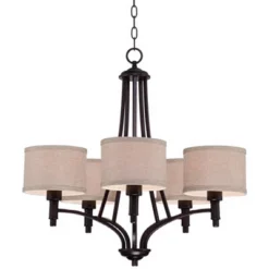 Franklin Iron Works La Pointe Oil Rubbed Bronze Pendant Chandelier 26" Wide Rustic Oatmeal Linen Shade 5-Light Fixture For Dining Room Kitchen Island -Floor Lamps Store GUEST d3568520 e7b6 415b 845e b4ceddc67fe8
