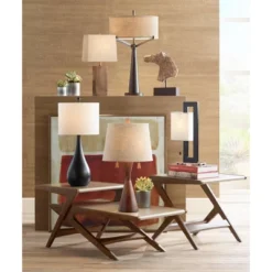 360 Lighting Omar Modern Table Lamp 28 3/4" Tall Warm Brown Wood Hourglass Oatmeal Fabric Drum Shade For Bedroom Living Room Bedside Nightstand Office -Floor Lamps Store GUEST d65b8b8a 1a44 478d 9722 ac58b50aba81