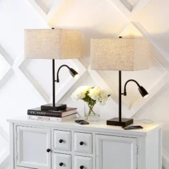 Floor Lamps Store 34 (Set Of 2) 25.5" 2-Light Austin Farmhouse Industrial Table Lamp With USB Charging Oil Rubbed Bronze (Includes LED Light Bulb) - JONATHAN Y