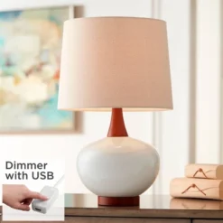 360 Lighting Modern Table Lamp With USB Charging Port 23" High Ivory Ceramic Off-White Drum Shade For Living Room Desk Bedroom House