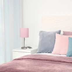 19.5" Bedside USB Port Feature Metal Table Desk Lamp Brushed Steel With Light Pink Fabric Shade - Creekwood Home -Floor Lamps Store GUEST dc0ff7ec e56d 4153 835b 2c95a56a1b89