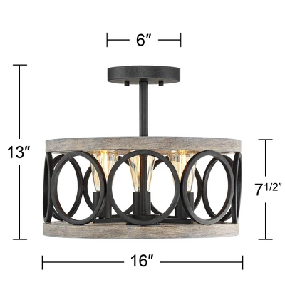 Franklin Iron Works Salima Rustic Farmhouse Ceiling Light Semi Flush Mount 16" Wide Black Gray Wood 3-Light For Bedroom Kitchen Living Room Hallway 5 Franklin Iron Works Salima Rustic Farmhouse Ceiling Light Semi Flush Mount 16" Wide Black Gray Wood 3-Light For Bedroom Kitchen Living Room Hallway - Image 5