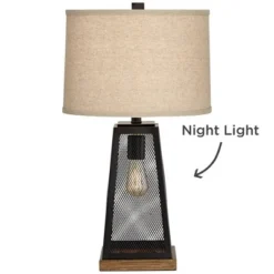 Franklin Iron Works Barris Industrial Table Lamp 26 3/4" High Metal Mesh With Nightlight LED USB Charging Port Burlap Shade For Living Room House Desk -Floor Lamps Store GUEST e5fd19d5 332a 495e 8891 e72254c0a1b7