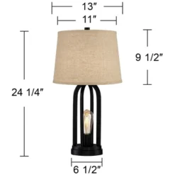 360 Lighting Marcel Industrial Table Lamps 24 1/4" High Set Of 2 Black With USB Port LED Nightlight Burlap Drum Shade For Bedroom Living Room Desk -Floor Lamps Store GUEST eb633317 f600 45d3 ae18 d56b75f16339